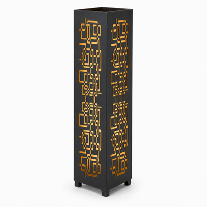 Design 114 black laser cut metal garden light tower with warm LED glow on white background