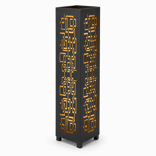 Design 114 black laser cut metal garden light tower with warm LED glow on white background