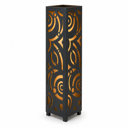 Design 115 black laser cut metal garden light tower with warm LED glow on white background