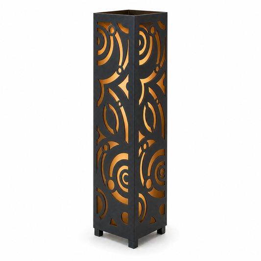 Design 115 black laser cut metal garden light tower with warm LED glow on white background
