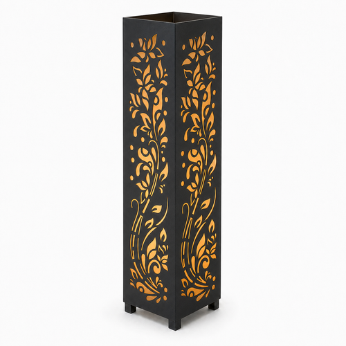 Design 116 black laser cut metal garden light tower with warm LED glow on white background