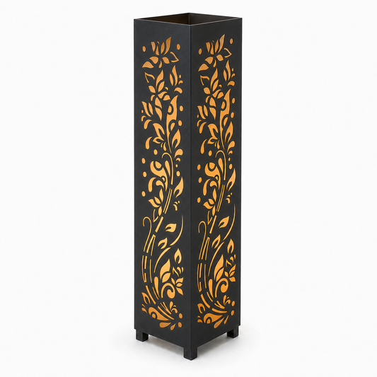 Design 116 black laser cut metal garden light tower with warm LED glow on white background