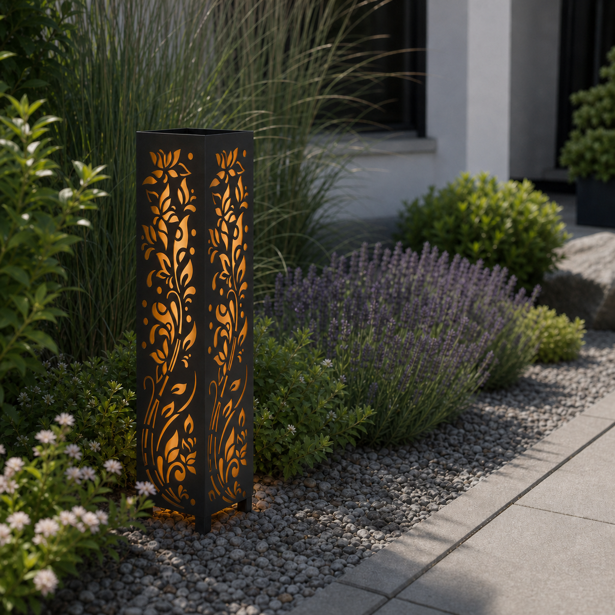 Design 116 laser cut garden light pillar installed in landscaped patio during daytime