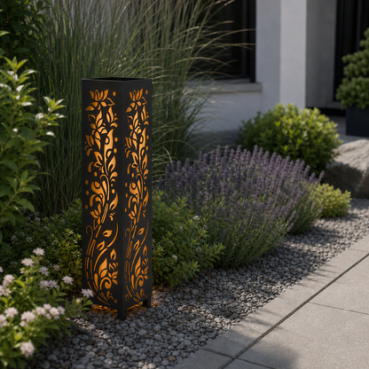 Design 116 laser cut garden light pillar installed in landscaped patio during daytime