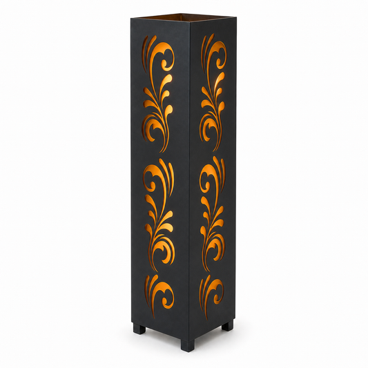 Design 117 black laser cut metal garden light tower with warm LED glow on white background
