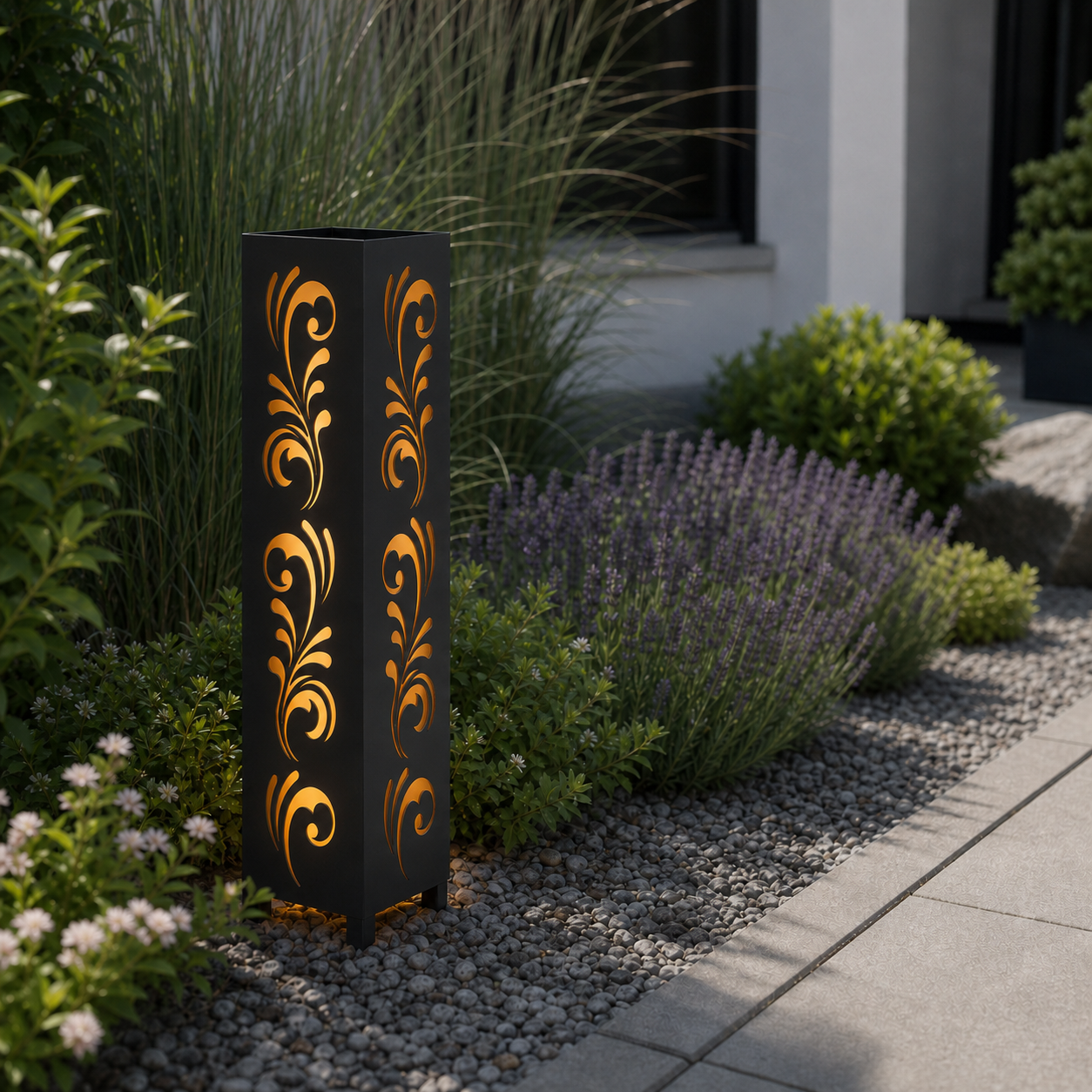Design 117 laser cut garden light pillar installed in landscaped patio during daytime