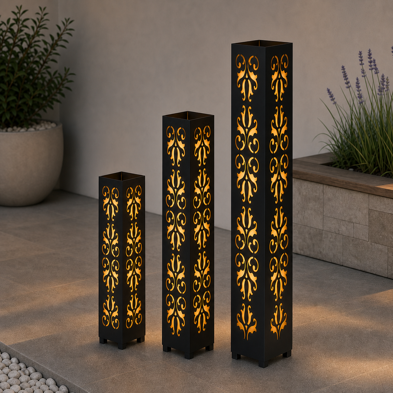 Design 117 laser cut garden light tower three size comparison