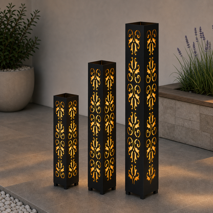 Design 117 laser cut garden light tower three size comparison