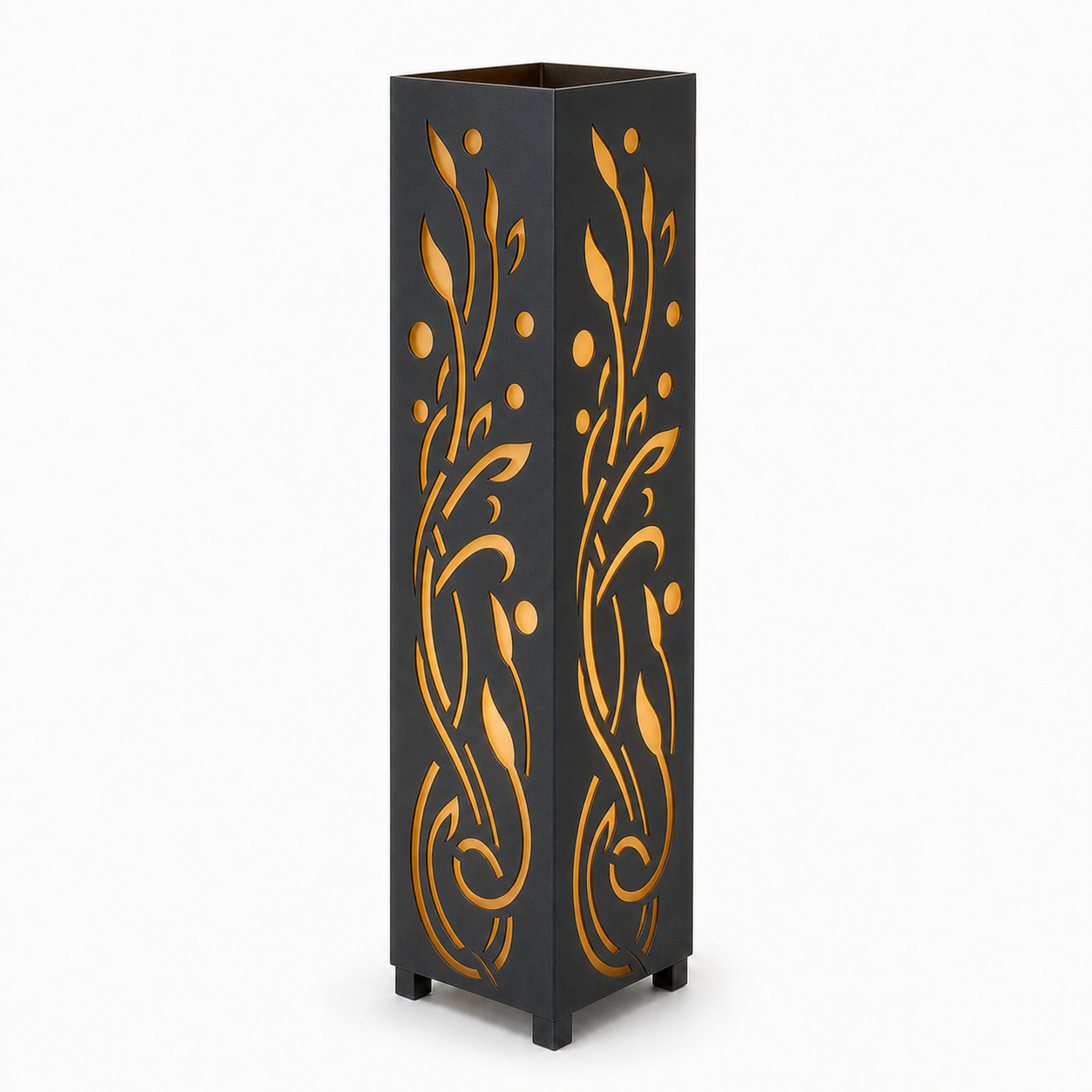 Design 118 black laser cut metal garden light tower with warm LED glow on white background