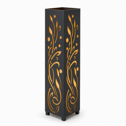 Design 118 black laser cut metal garden light tower with warm LED glow on white background