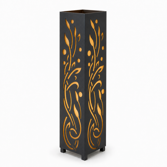 Design 118 black laser cut metal garden light tower with warm LED glow on white background