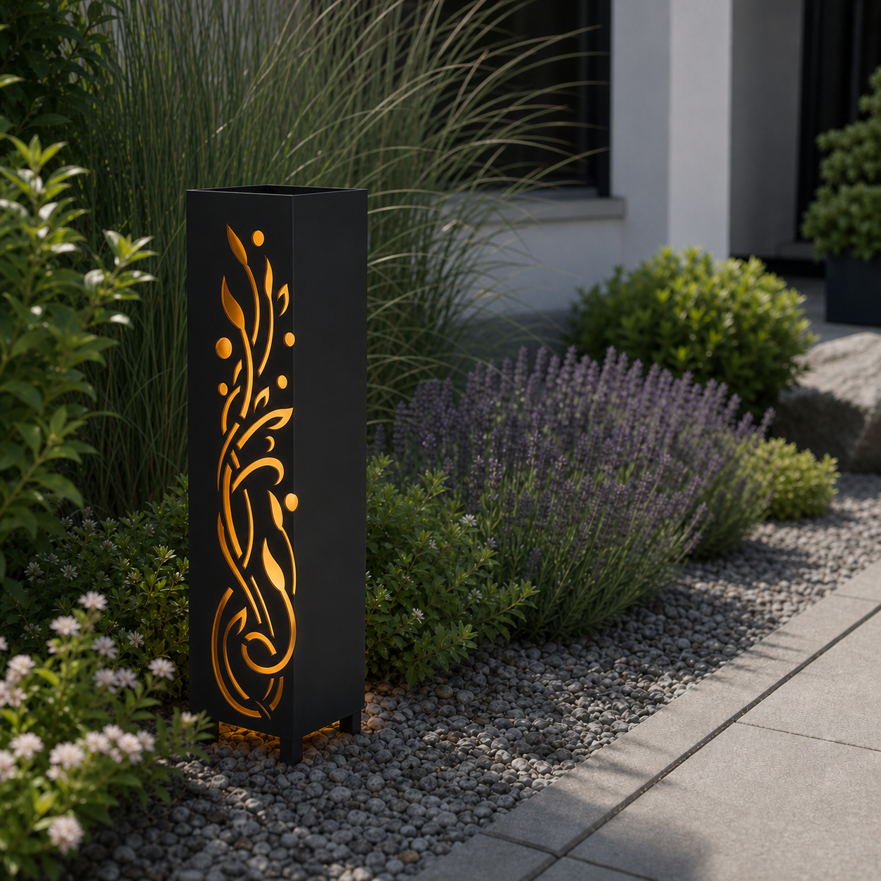 Design 118 laser cut garden light pillar installed in landscaped patio during daytime