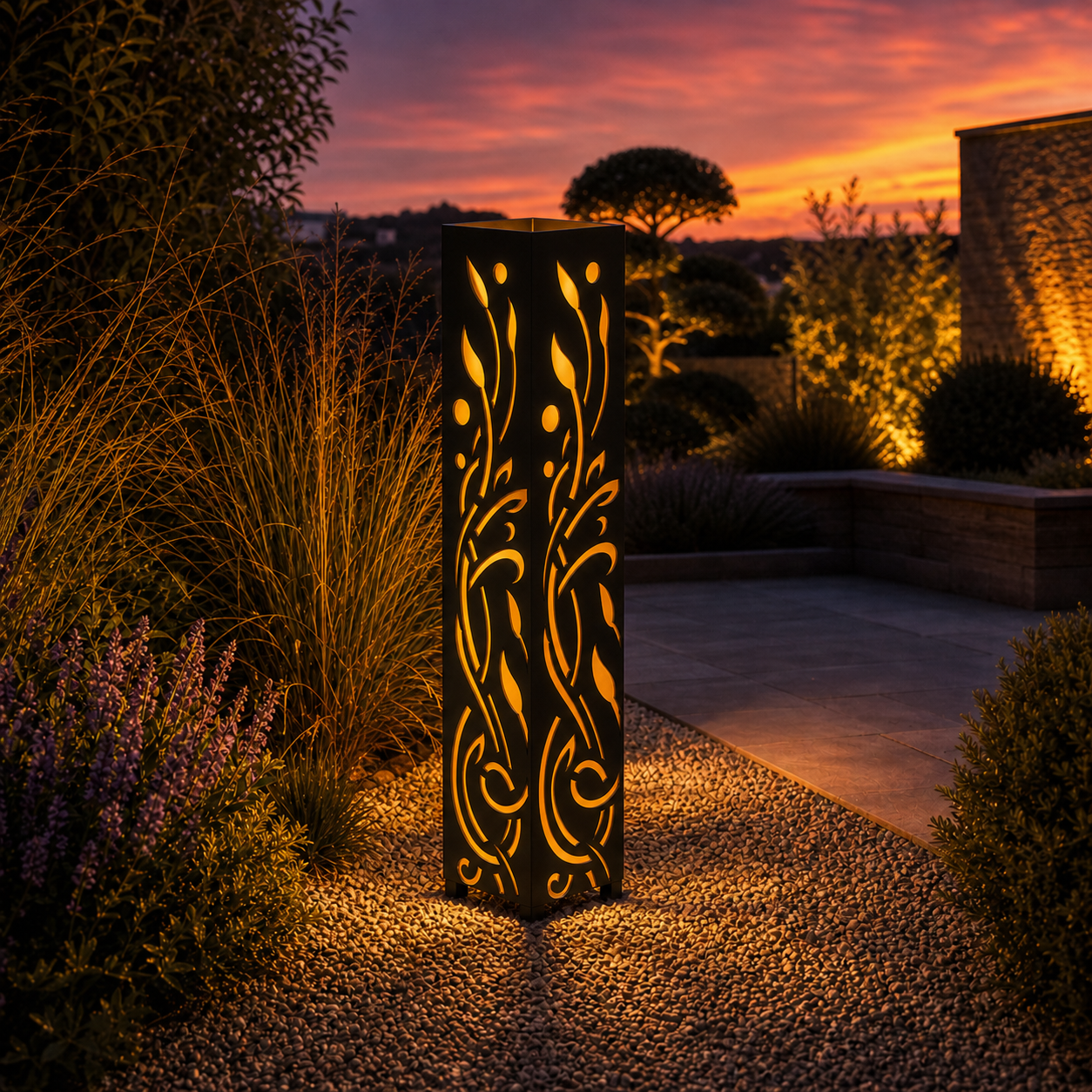 Design 118 outdoor decorative LED light column glowing at dusk in garden setting