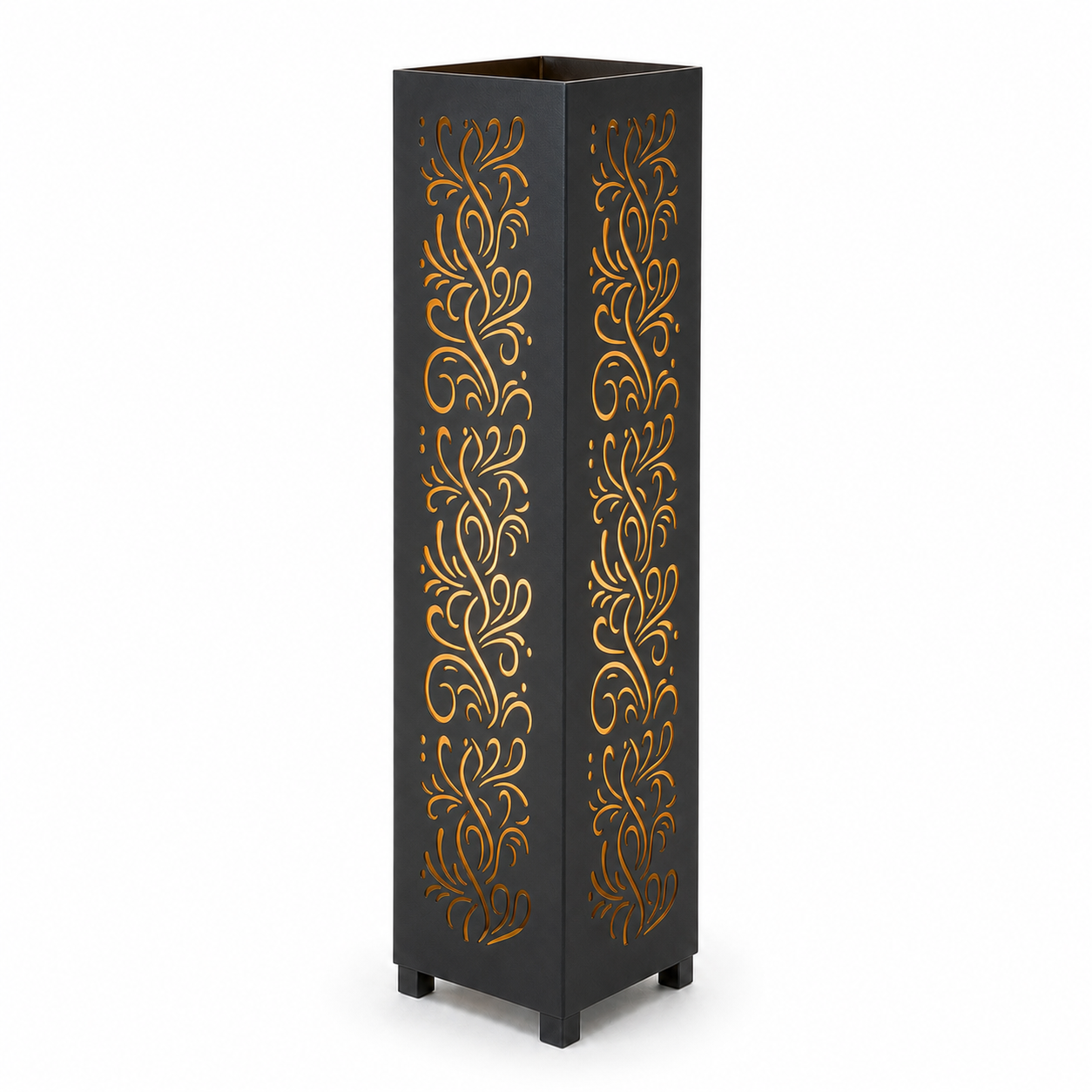 Design 119 black laser cut metal garden light tower with warm LED glow on white background