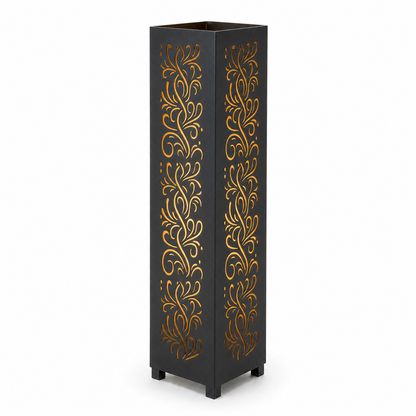 Design 119 black laser cut metal garden light tower with warm LED glow on white background
