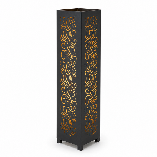 Design 119 black laser cut metal garden light tower with warm LED glow on white background