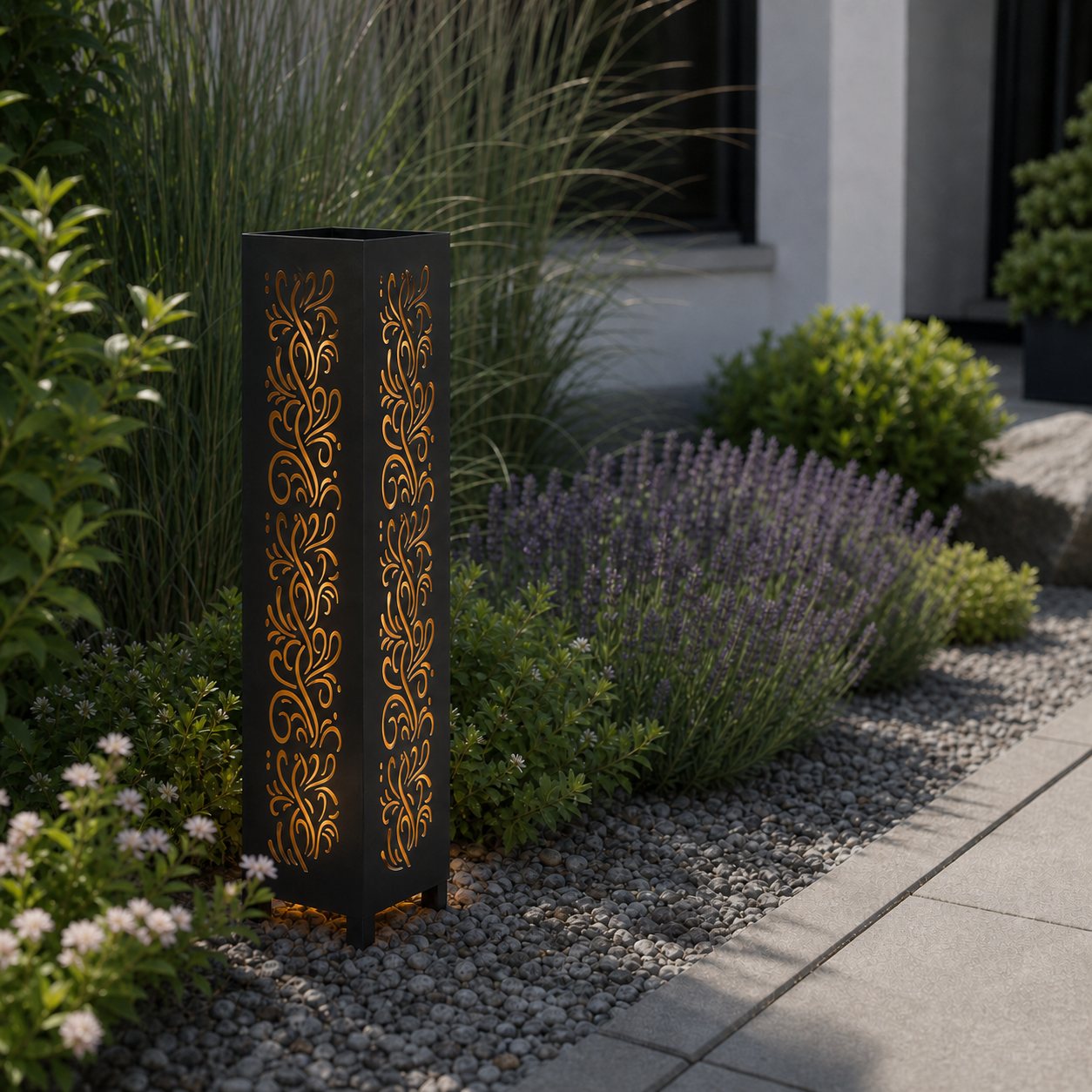 Design 119 laser cut garden light pillar installed in landscaped patio during daytime