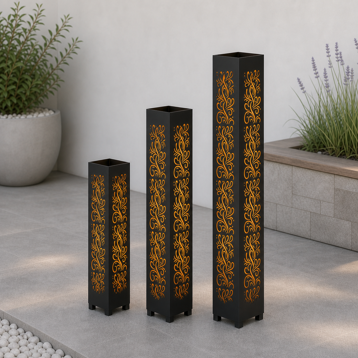 Design 119 laser cut garden light tower three size comparison
