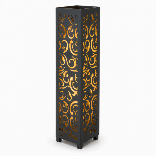 Design 120 black laser cut metal garden light tower with warm LED glow on white background