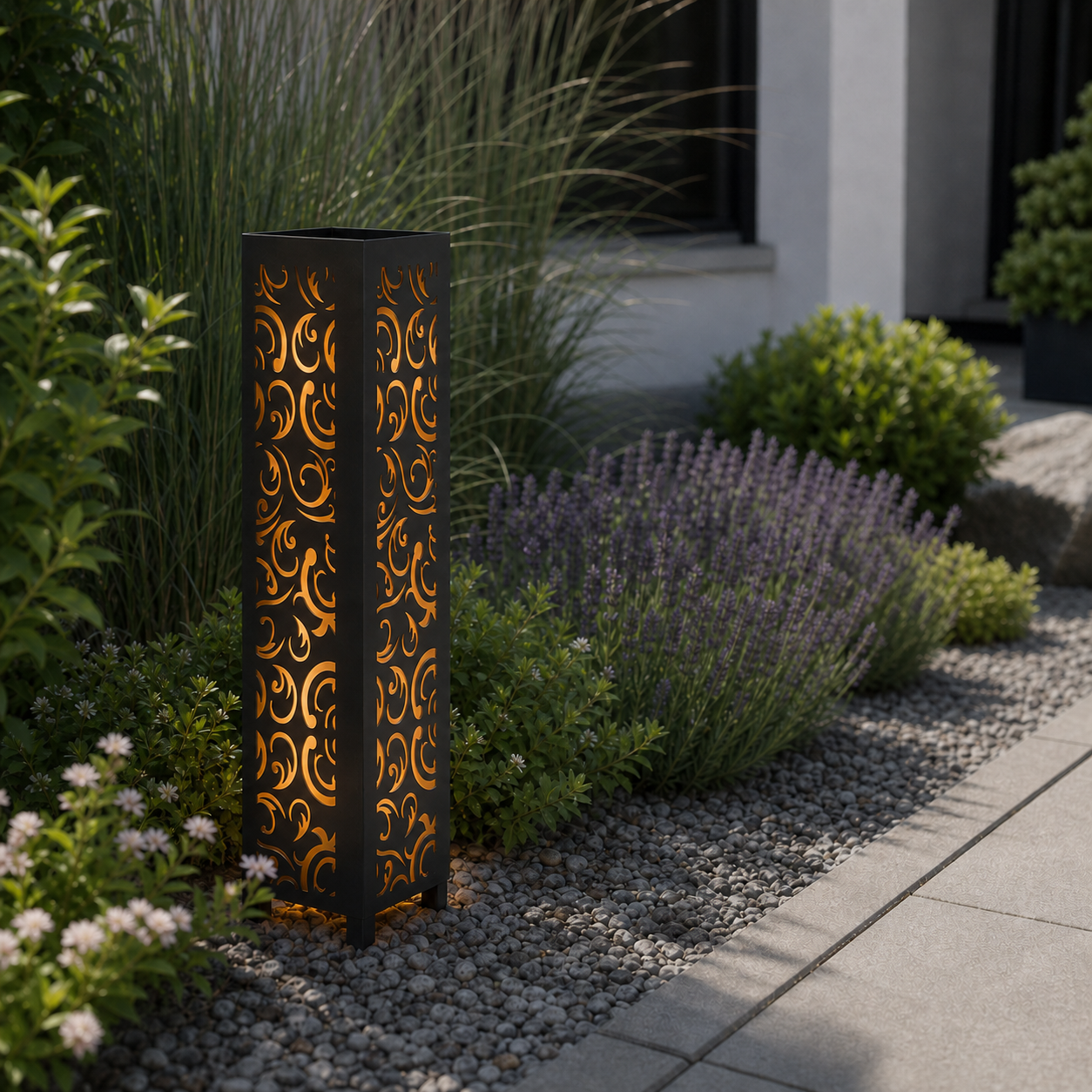 Design 120 laser cut garden light pillar installed in landscaped patio during daytime