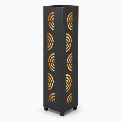 Design 121 black laser cut metal garden light tower with warm LED glow on white background