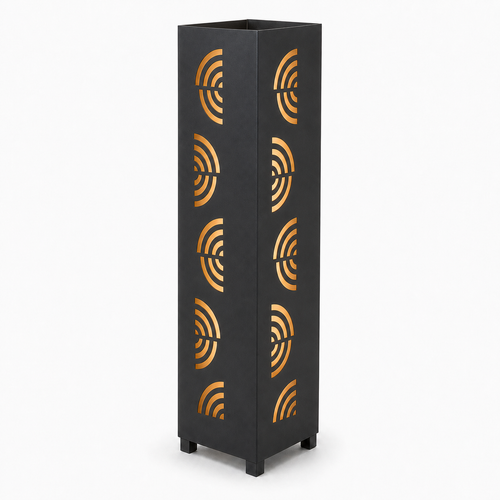 Design 121 black laser cut metal garden light tower with warm LED glow on white background