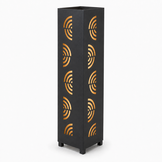 Design 121 black laser cut metal garden light tower with warm LED glow on white background