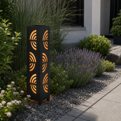 Design 121 laser cut garden light pillar installed in landscaped patio during daytime