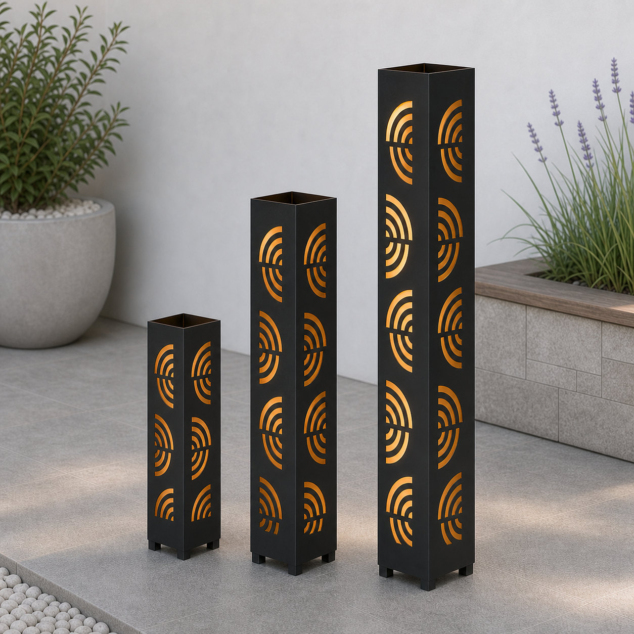 Design 121 laser cut garden light tower three size comparison