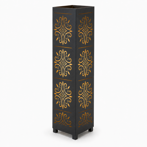 Design 122 black laser cut metal garden light tower with warm LED glow on white background