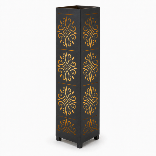 Design 122 black laser cut metal garden light tower with warm LED glow on white background