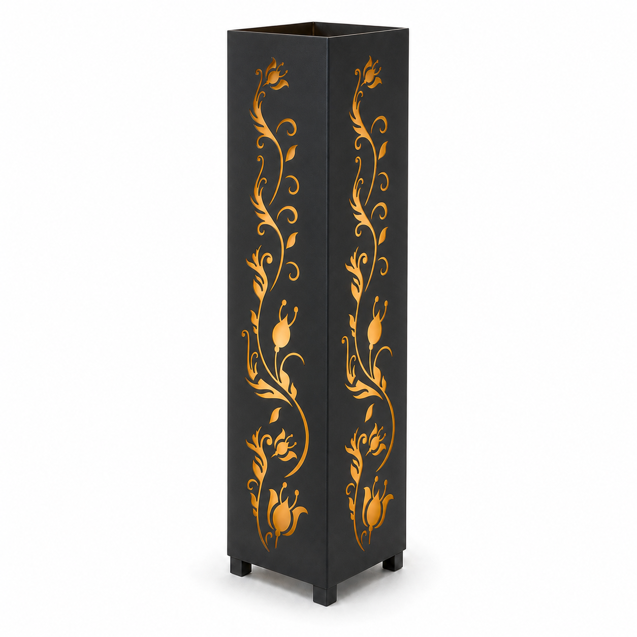 Design 123 black laser cut metal garden light tower with warm LED glow on white background