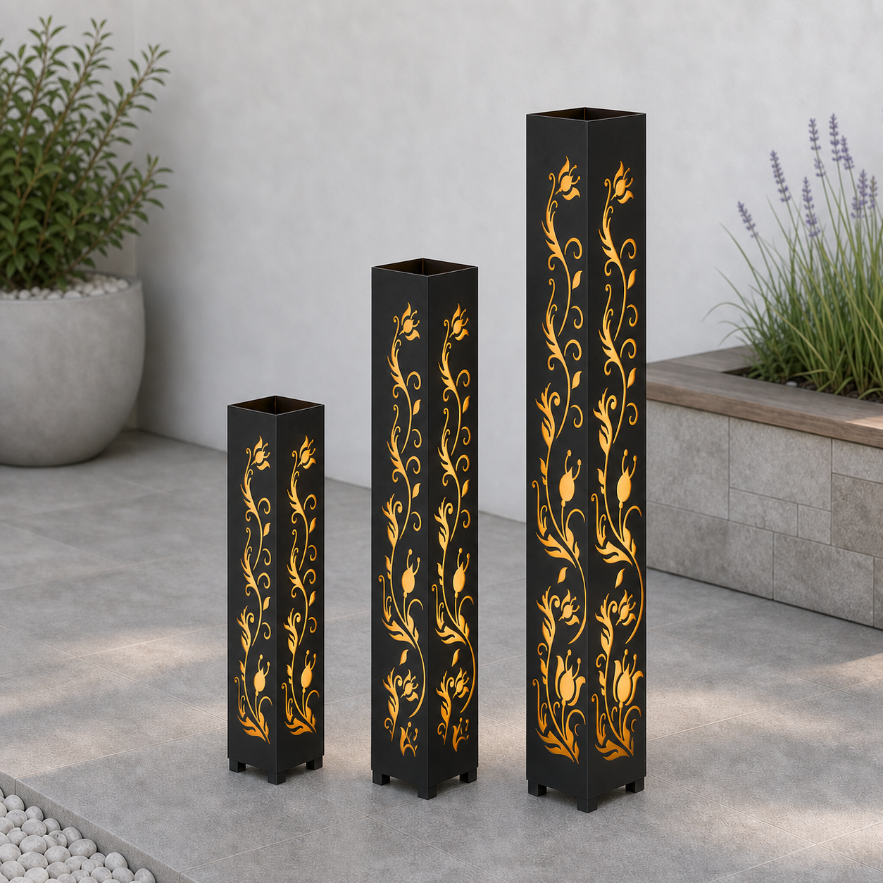 Design 123 laser cut garden light tower three size comparison