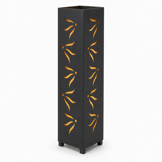 Design 124 black laser cut metal garden light tower with warm LED glow on white background