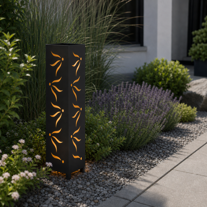 Design 124 laser cut garden light pillar installed in landscaped patio during daytime