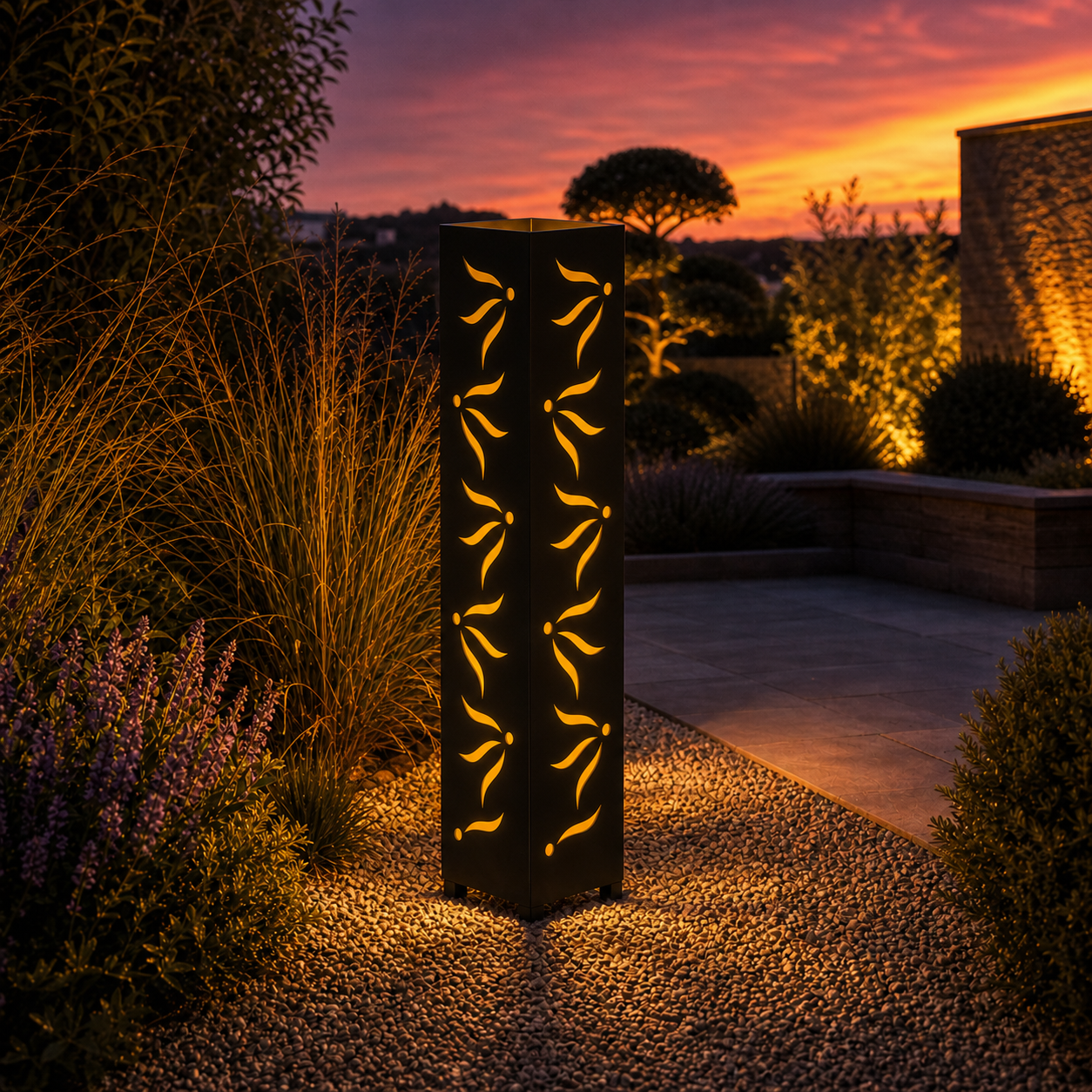 Design 124 outdoor decorative LED light column glowing at dusk in garden setting