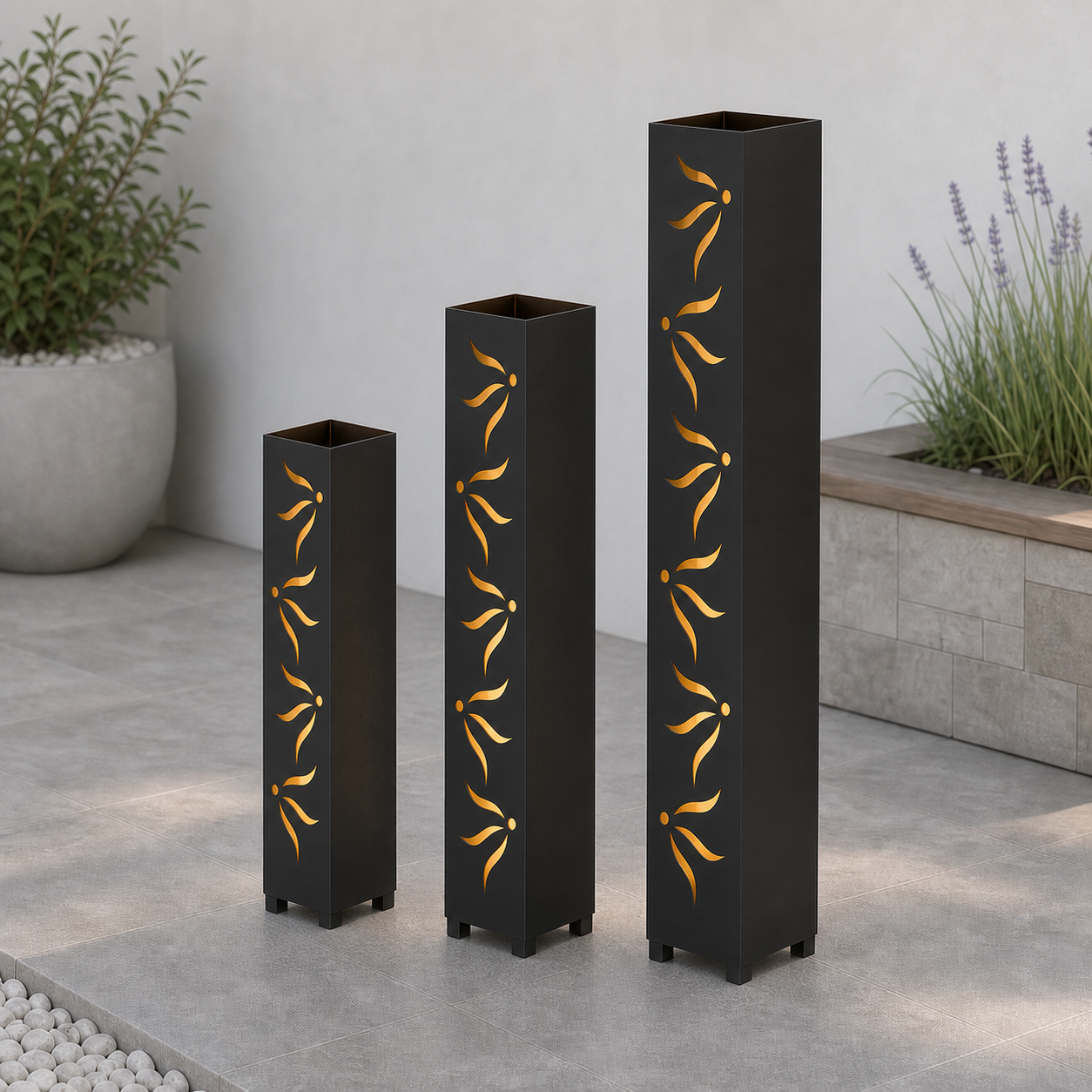 Design 124 laser cut garden light tower three size comparison