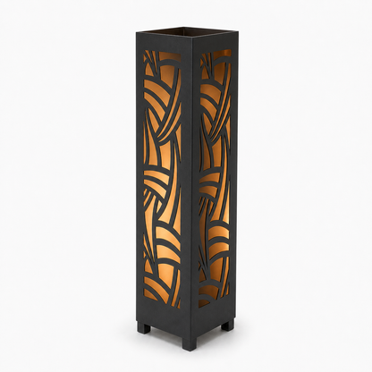 Design 125 black laser cut metal garden light tower with warm LED glow on white background