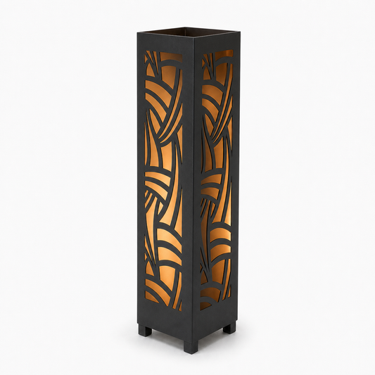 Design 125 black laser cut metal garden light tower with warm LED glow on white background