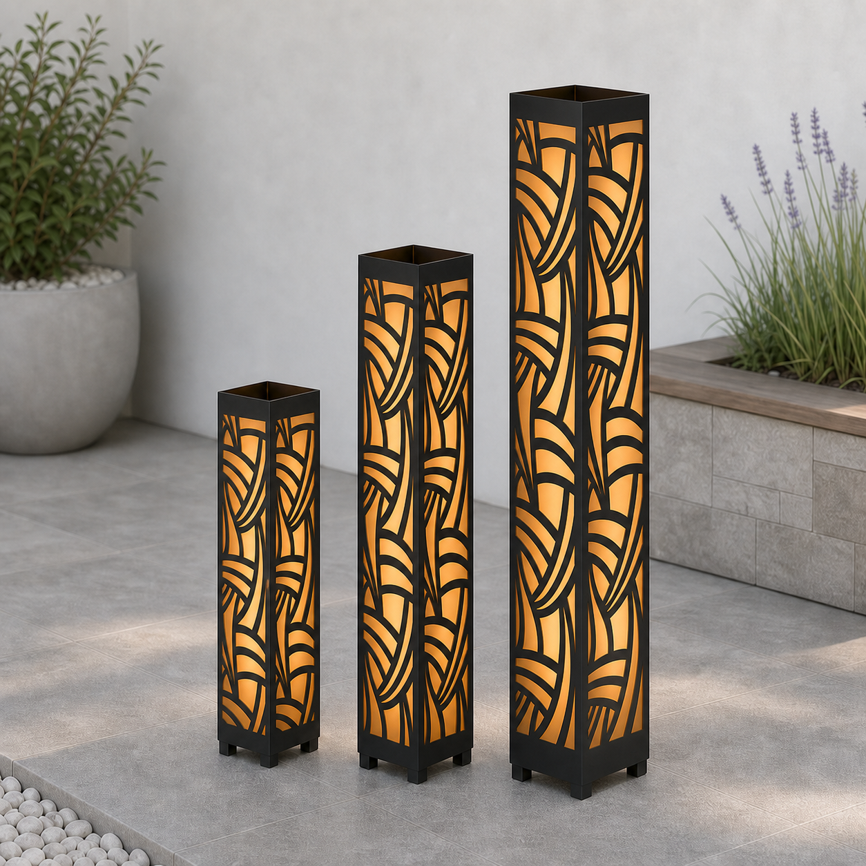 Design 125 laser cut garden light tower three size comparison