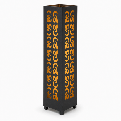 Design 126 black laser cut metal garden light tower with warm LED glow on white background