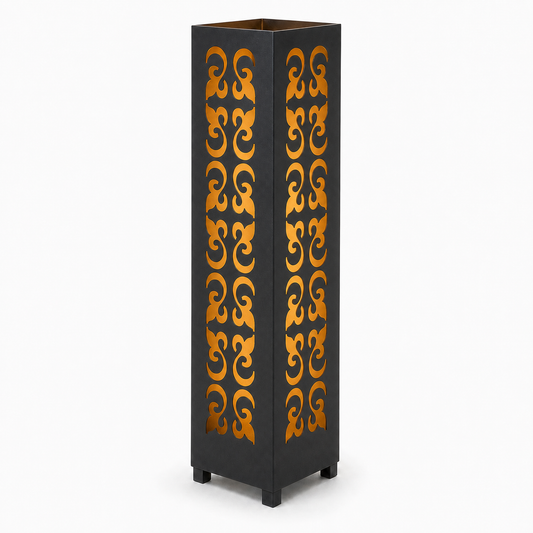 Design 126 black laser cut metal garden light tower with warm LED glow on white background
