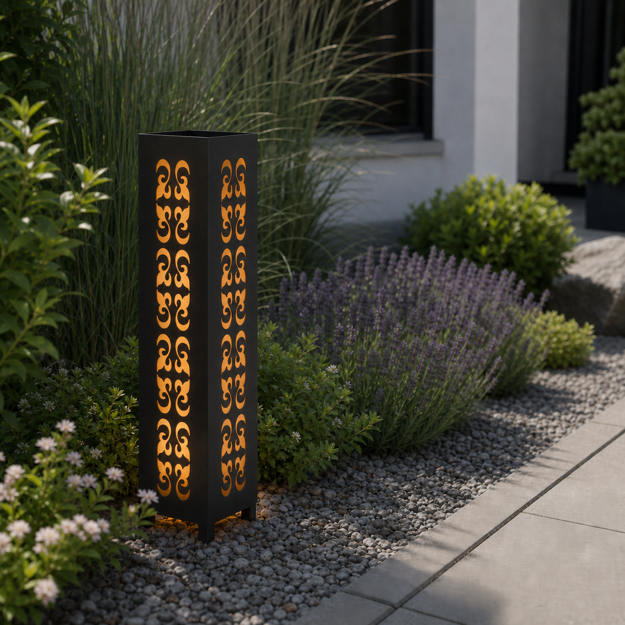 Design 126 laser cut garden light pillar installed in landscaped patio during daytime
