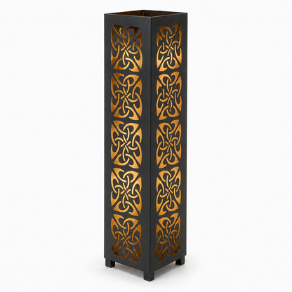 Design 127 black laser cut metal garden light tower with warm LED glow on white background