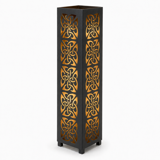 Design 127 black laser cut metal garden light tower with warm LED glow on white background