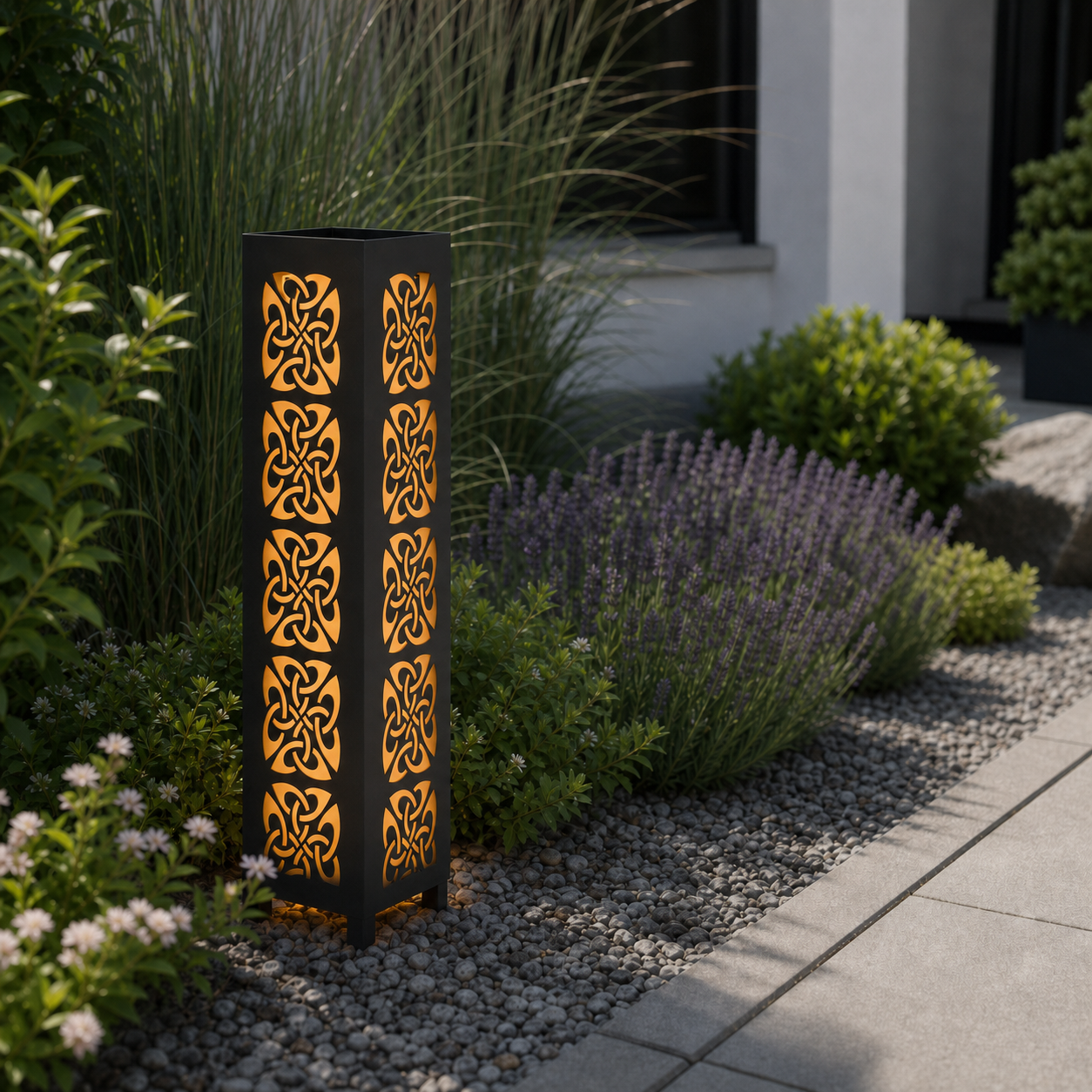 Design 127 laser cut garden light pillar installed in landscaped patio during daytime