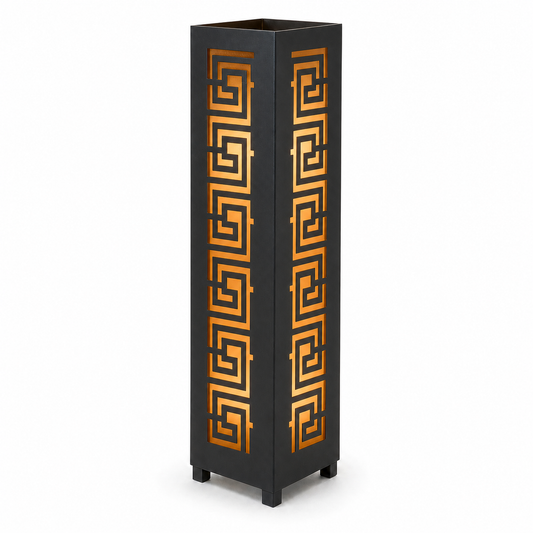 Design 128 black laser cut metal garden light tower with warm LED glow on white background