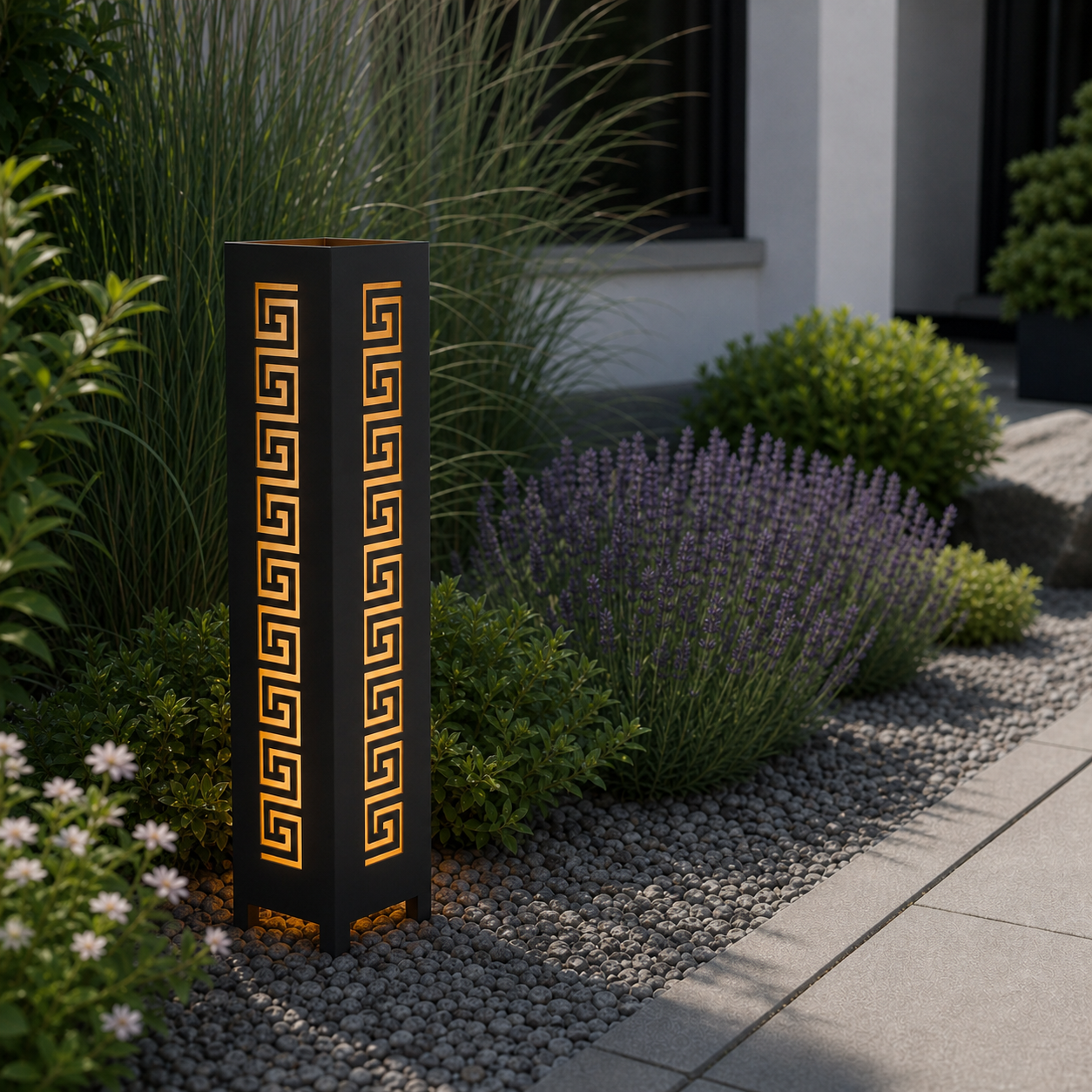 Design 128 laser cut garden light pillar installed in landscaped patio during daytime