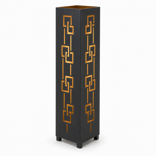 Design 129 black laser cut metal garden light tower with warm LED glow on white background