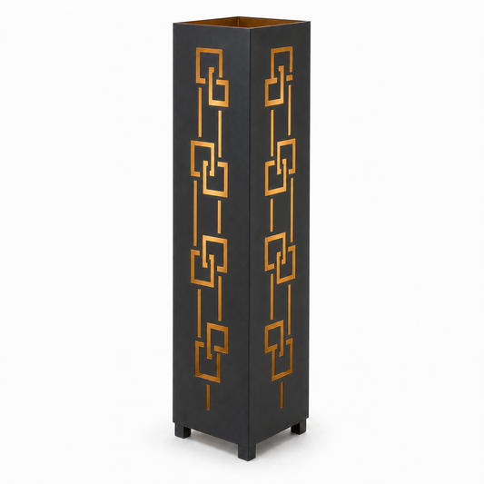 Design 129 black laser cut metal garden light tower with warm LED glow on white background
